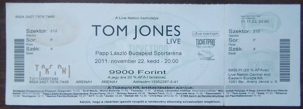 Tom Jones koncertjegy - Budapest, 2011