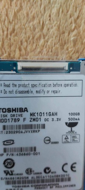 Toshiba 100GB 1.8" CE/ZIF 2MB 5400RPM Bels merevlemezhez Notebook HDD