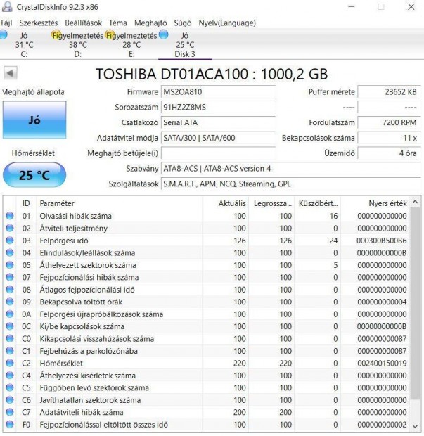 Toshiba 1TB HDD elad, csak tesztelve volt