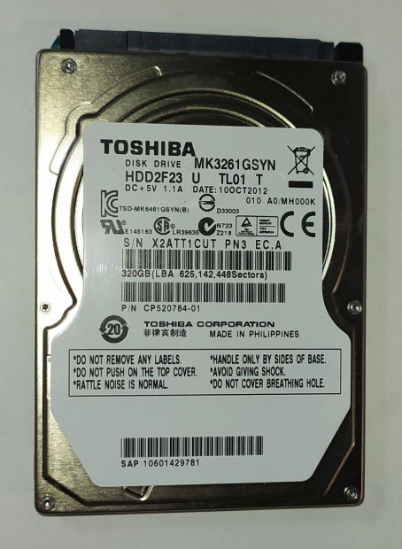 Toshiba 320GB laptop / notebook HDD merevlemez SATA 2.5" 100/100 #1Cut