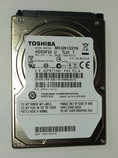 Toshiba 320GB laptop / notebook HDD merevlemez SATA 2.5" 100/100 #1H8T