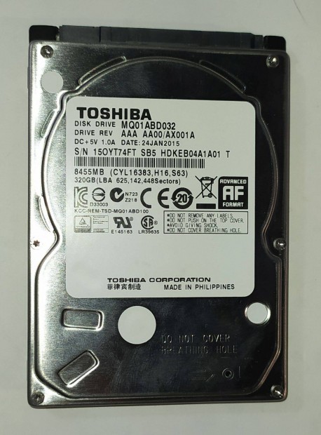 Toshiba 320GB laptop / notebook HDD merevlemez SATA 2.5" 100/100 #74FT