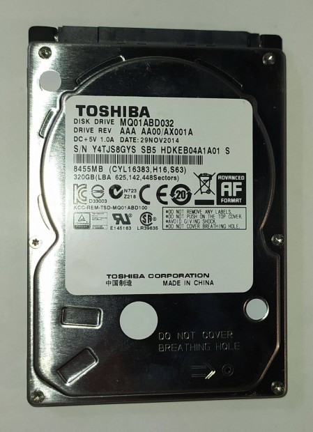 Toshiba 320GB laptop / notebook HDD merevlemez SATA 2.5" 100/100 #8GYS