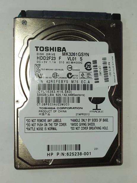 Toshiba 320GB laptop / notebook HDD merevlemez SATA 2.5" 100/100 #Ebys