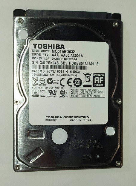 Toshiba 320GB laptop / notebook HDD merevlemez SATA 2.5" 100/100 #K34S