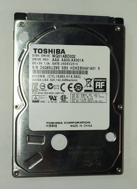 Toshiba 320GB laptop / notebook HDD merevlemez SATA 2.5" 100/100 #UZ8S
