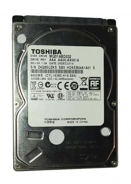 Toshiba 320GB laptop / notebook HDD merevlemez SATA 2.5" 100/100 #Uzks