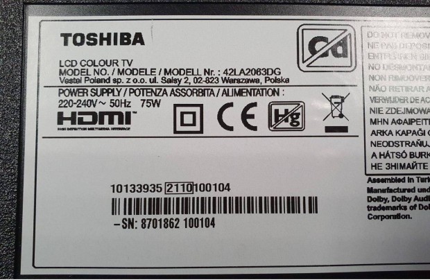 Toshiba 42LA2063DG Andoid LED LCD tv hibs trtt alkatrsznek