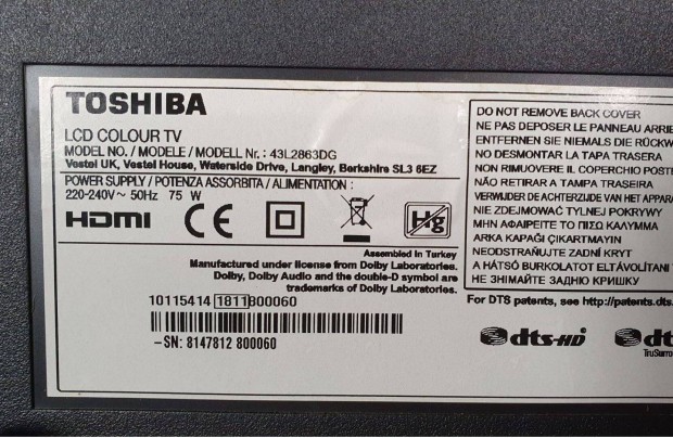 Toshiba 43L2863DG Smart LED LCD tv alkatrsznek mainboard elkelt