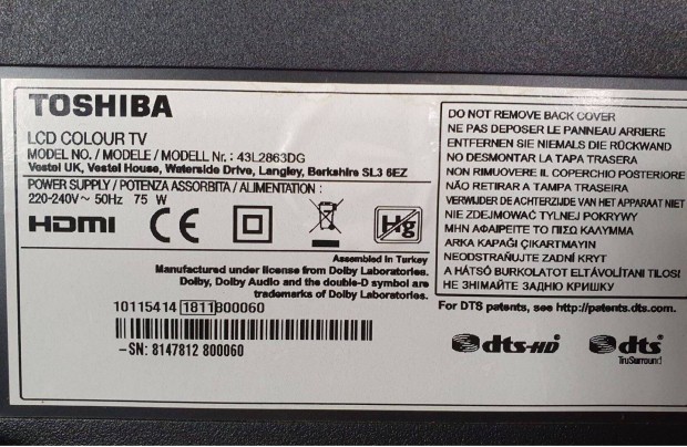 Toshiba 43L2863DG Smart LED LCD tv alkatrésznek mainboard elkelt