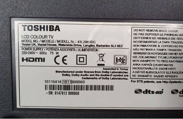 Toshiba 43L2863DG Smart LED LCD tv alkatrsznek mainboard elkelt