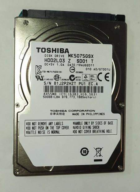 Toshiba 500GB laptop / notebook HDD merevlemez SATA 2.5" 100/100 #2Hzt