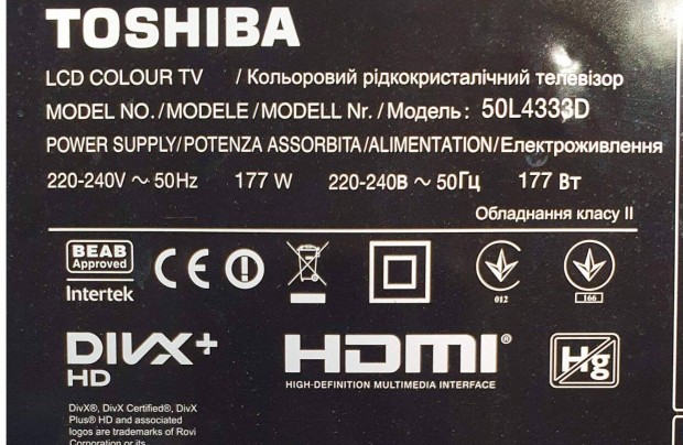 Toshiba 50L4333D Smart LED LCD tv hibás törött alkatrésznek