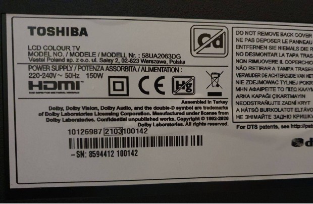 Toshiba 58UA2063DG Smart 4k UHD LED LCD tv hibs trtt alkatrsznek