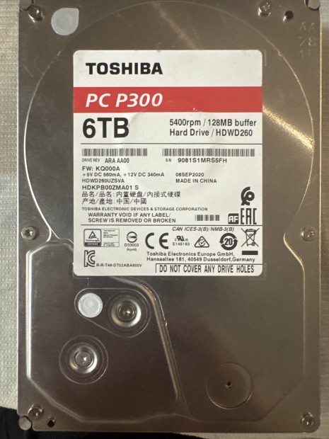 Toshiba PC300 6TB Merevlemez 5400rpm 128 mb buffer