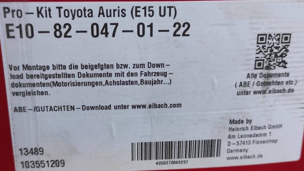 Toyota Aurishoz Eibach ltetrug elad