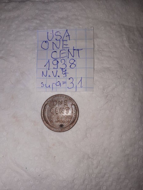 USA 1 cent 1938 ritka Nincs verdejel."N.V.J