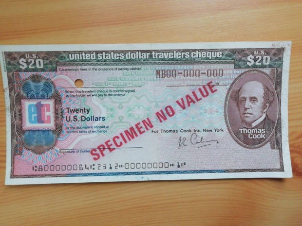 USA 20 dollros utazsi csek minta bankjegye