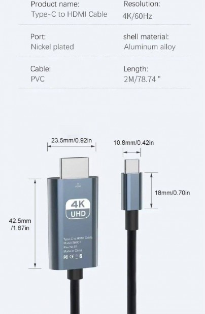 USB Type C to HDMI Átalakító Kábel 4K 60Hz 2 Méter Hosszban Új