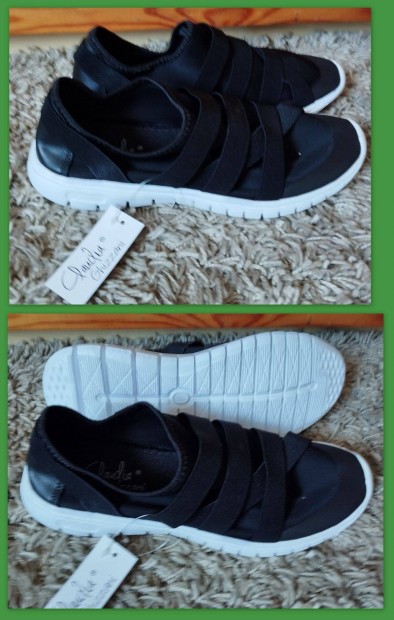 Új 39-es belebújós fekete extra könnyű cipő, bth 24 cm