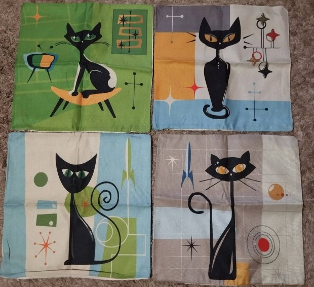 Új 4 db-os szett, cica-macska díszpárna huzat, cipzár, 45x45 cm, catF