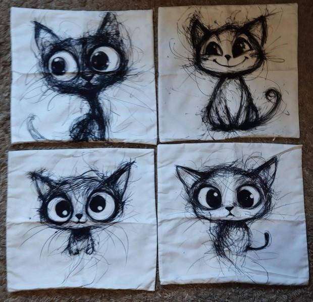 Új 4 db-os szett, cica-macska díszpárna huzat, cipzár, 45x45 cm, catd