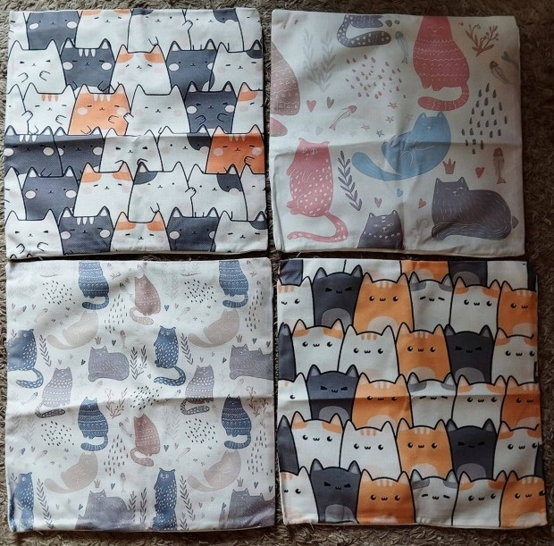 Új 4 db-os szett, cica-macska díszpárna huzat, cipzár, 45x45 cm, catg