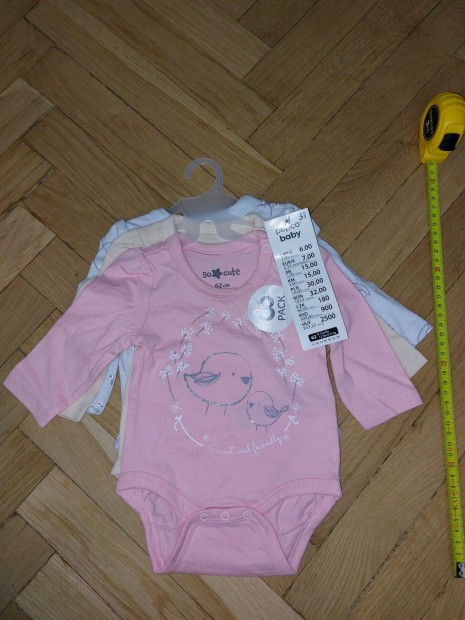 Új 62 cm Pepco 3 darabos 100% pamut baba ruha rugdalózó body