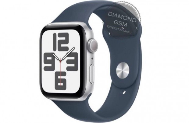 Új Apple Watch SE 2024 44mm Ezüst Alumíniumtok, Kék Sportszíjjal,