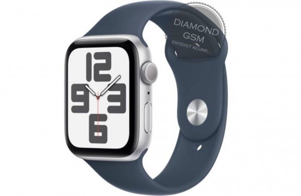 Új Apple Watch SE 2024 44mm Ezüst Alumíniumtok, Kék Sportszíjjal, gyár