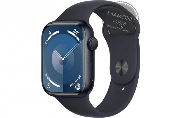 Új Apple Watch Series 9 41mm Fekete Aluminiumtok, Fekete Sportszíjjal