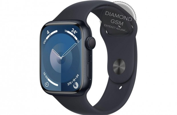 Új Apple Watch Series 9 41mm Fekete Aluminiumtok, Fekete Sportszíjjal