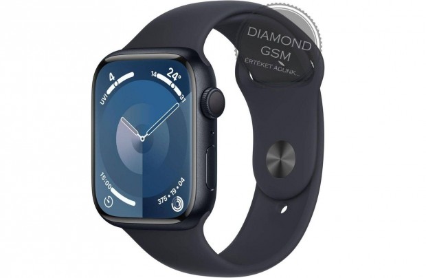 Új Apple Watch Series 9 45mm Fekete Aluminiumtok, Fekete Sportszíjjal