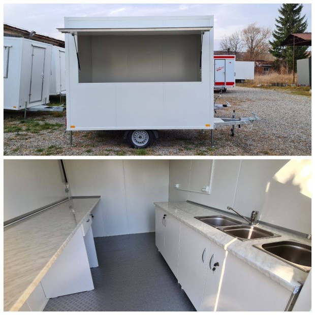 Új Food Truck Büfékocsi utánfutó raktáron bútorozott,750kg !!