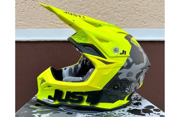 Új Just1 J39 fluo sárga/camo enduro, mx, cross sisak, bukósisak (S)
