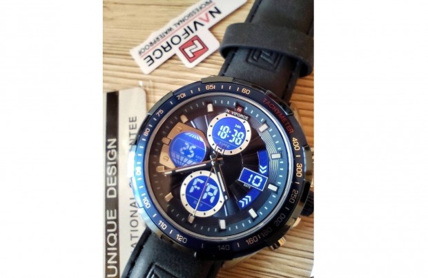 Új,Naviforce analóg+ LCD kijelzős férfi karóra bőrszíjjal fél ár alatt