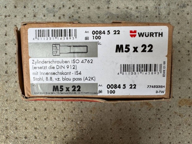Új Würth Belsőkulcsnyílású Acél Csavar ISO 4762/DIN 912 8.8 0084 5 22