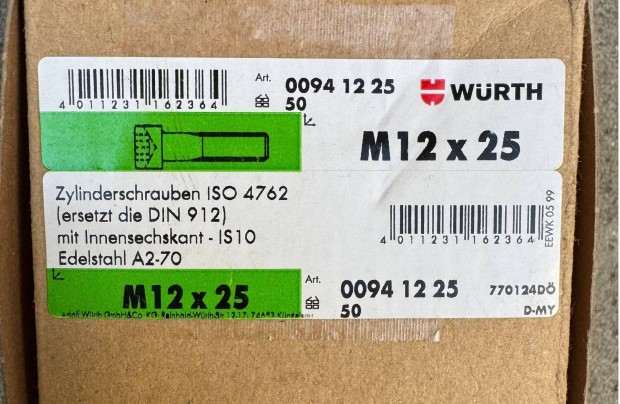 Új Würth Belsőkulcsnyílású Csavar ISO 4762/DIN 912 A2-70 009412 25