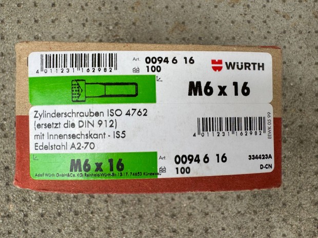 Új Würth Belsőkulcsnyílású Csavar ISO 4762/DIN 912 A2-70 00946 16