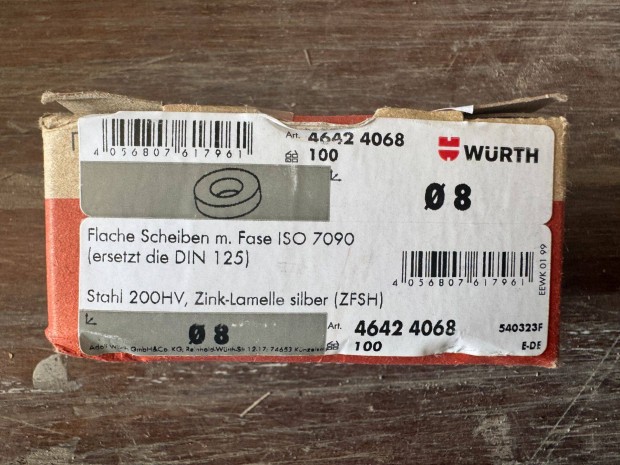 Új Würth Lapos Acél Alátét Éltöréssel ISO 7090 200 HV Cinklamella Zfsh