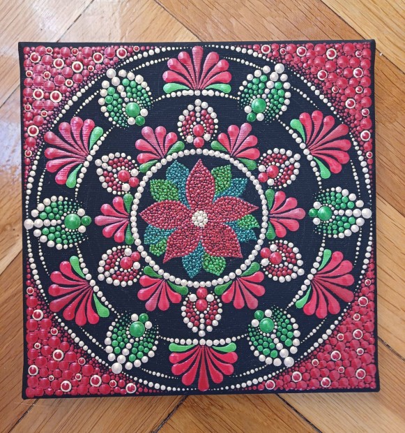 j! Mikulsvirg piros zld arany mandala kp kzzel festett 20x20cm