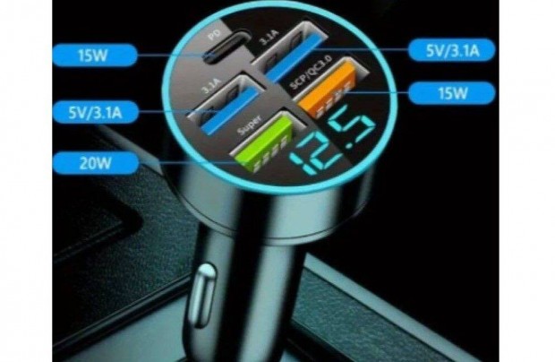 Új autós szivargyújtós töltő 4x USB csatlakozóval és kék színben világ