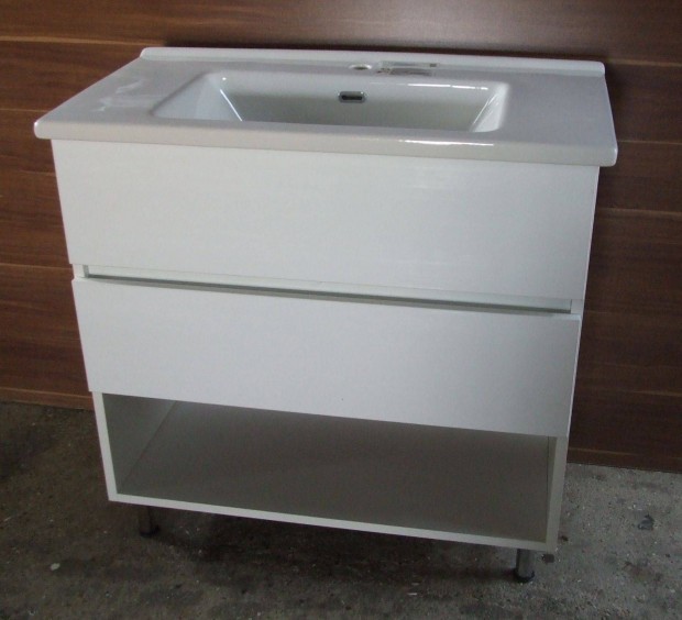 Új mosdószekrény magasfényű fehér 2 fiókos fürdőszoba bútor 2Fp 75 cm
