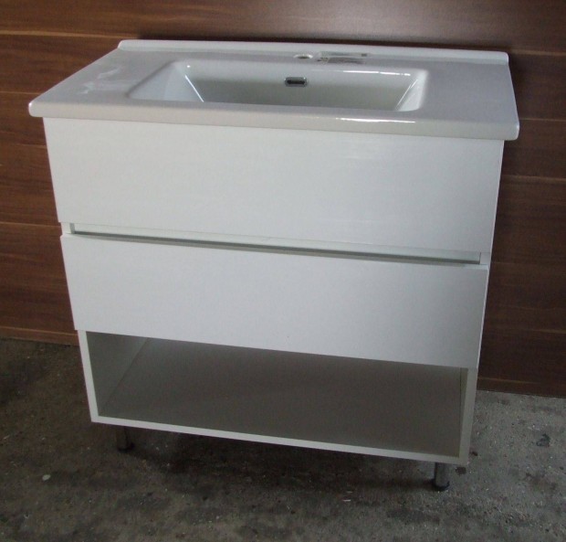 Új mosdószekrény magasfényű fehér 2 fiókos fürdőszoba bútor 2Fp 85 cm