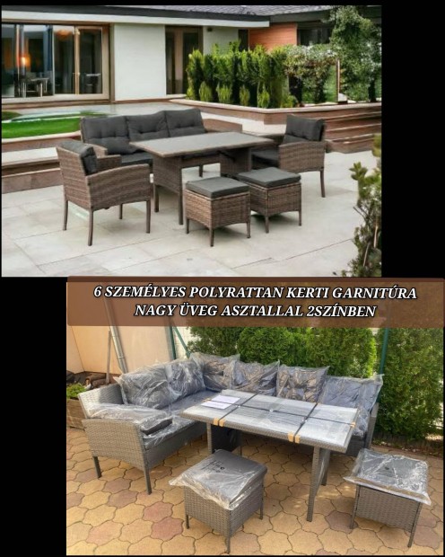 Új polyrattan 6 részes kerti garnitúra nagy asztallal
