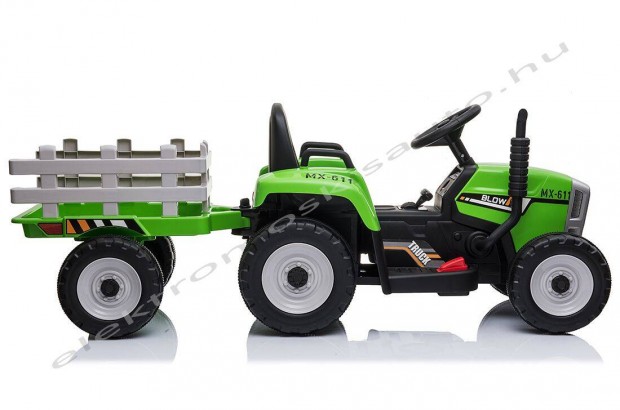 Utánfutós Traktor 12V zöld elektromos kisautó (John Deere hasonmás)