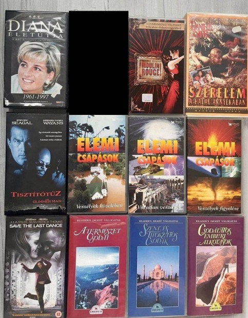 VHS kazettk (akci, ismeretterjeszt, krimi, romantika, stb)