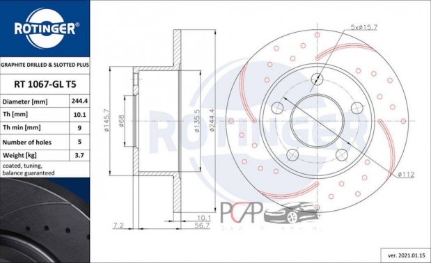 VW Passat B5/B5.5 hátsó féktárcsa 245mm,hűtetlen Rotinger RT-1067GL T5