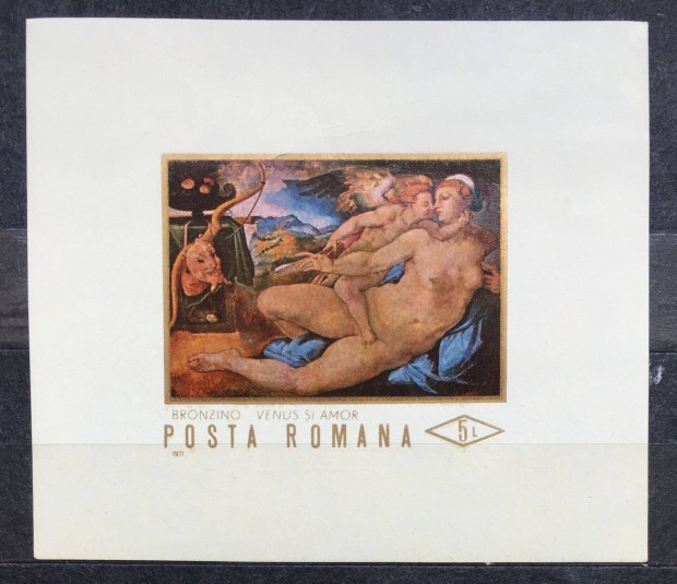 Vénusz és Ámor festmény postatiszta román bélyeg, vágott blokk 1971