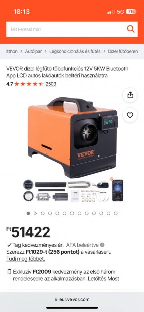 Vevor 5kw állófűtés. Teljesen új, csak kibontva volt!!